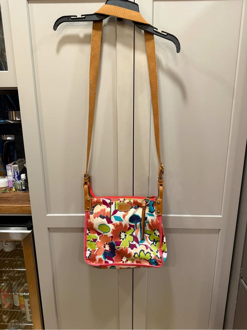 Fossil Multicolor Floral Canvas Crossbody with Tan Strap